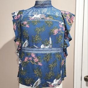 Express Bird Print High Neck Flutter Sleeve Blouse Size Medium